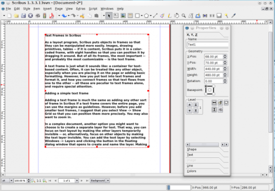 A Scribus Text Frame and Its Properties Dialog