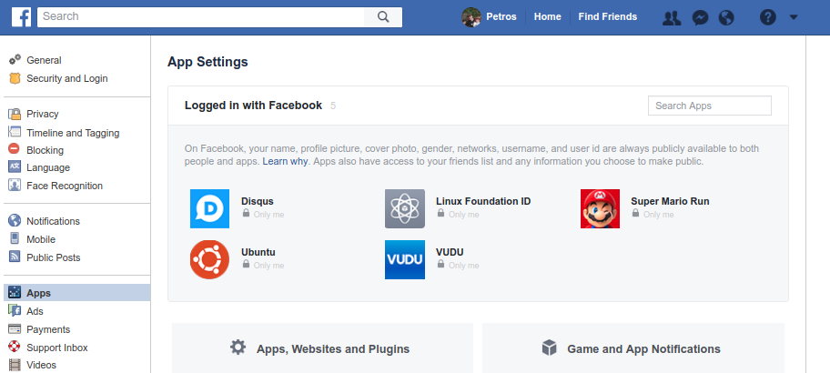 Screenshot of the Facebook Application Settings Page