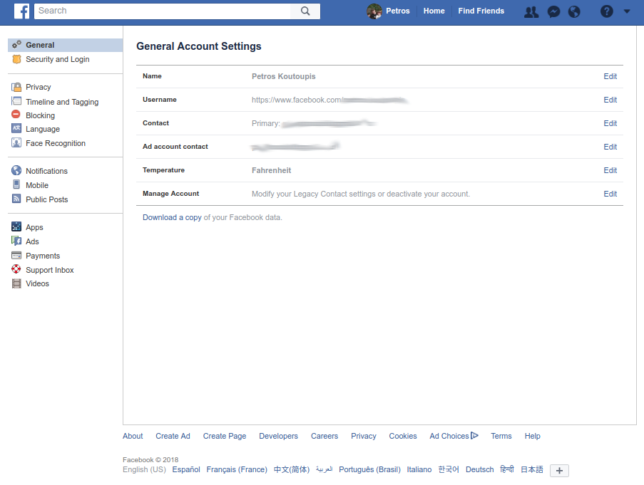 Screenshot of the Facebook General Account Settings Page