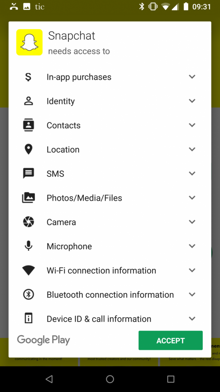 Screenshot of the Access Requirements for a Popular Mobile Application